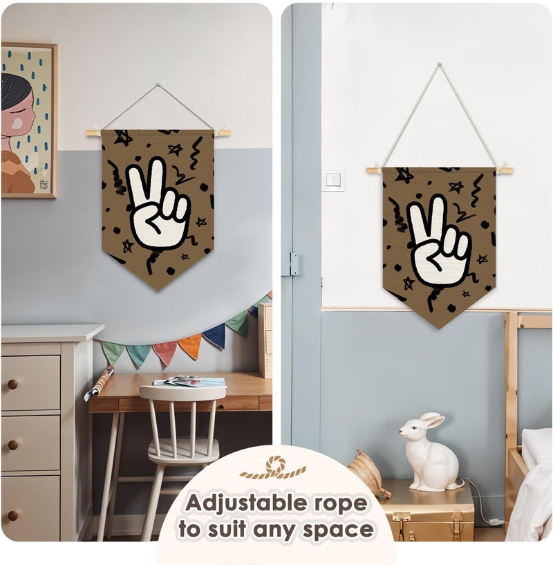 Wheatwin Boys Room Decor, Trendy Retro Wall Decor for Kids Toddler Nursery Room Bedroom Playroom, Peace Sign Brown Wall Hanging Pennant Flag Banner 15x11 Inch - Image 5